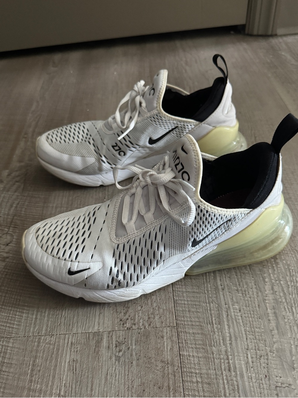 Nike Women's White/Black Sneakers with Pale Yellow Air Heel - Size 10